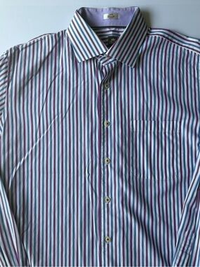 Peter Millar Men's Striped Button-Down Dress Shirt - Purple/Blue/White Size L